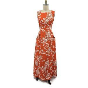 VTG Montgomery Ward Summer Maxi Dress Womens M? Orange White Bird Print Pockets